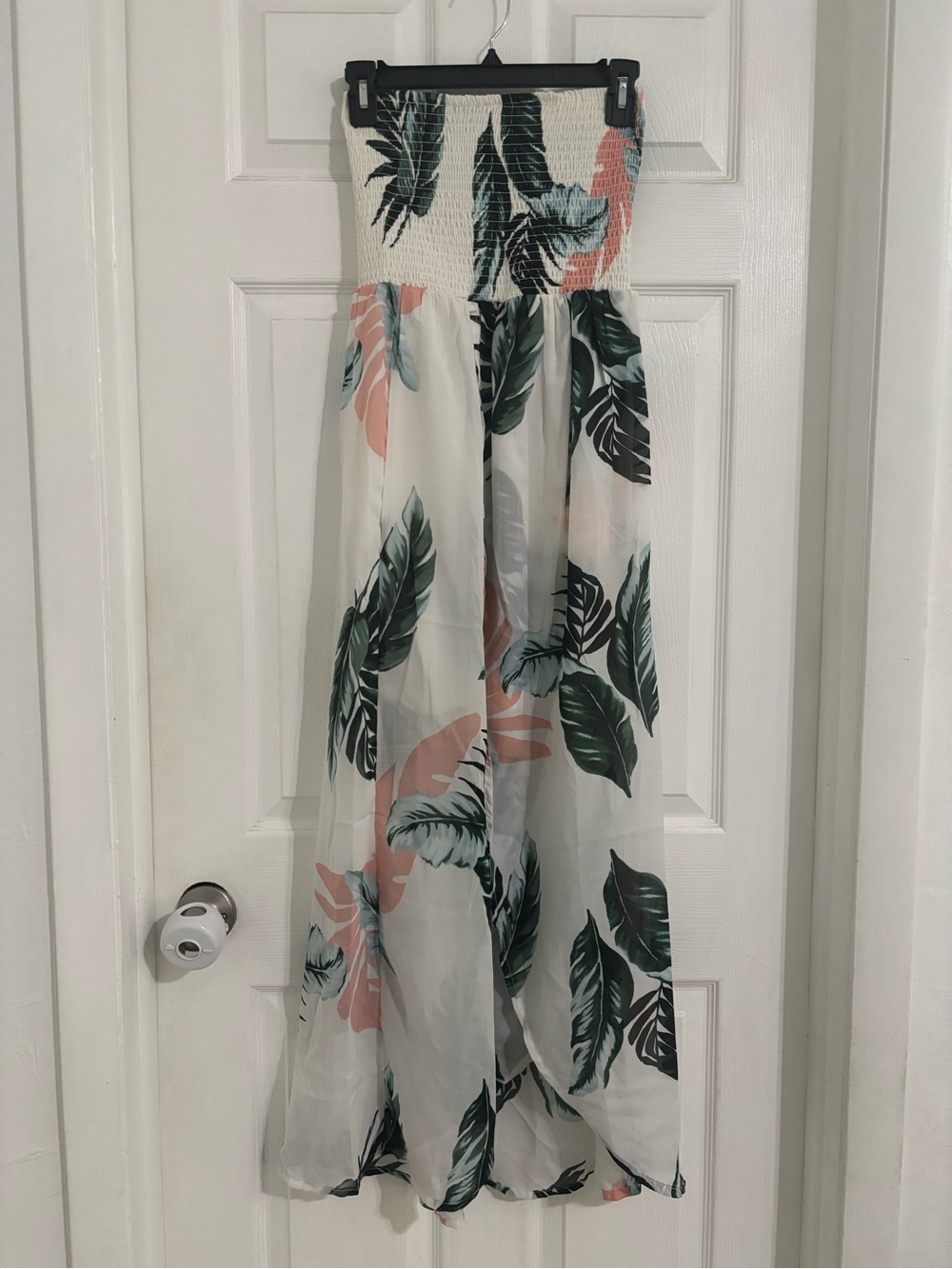 Love Squared White Strapless Maxi Dress with Green and Coral Leaf Print